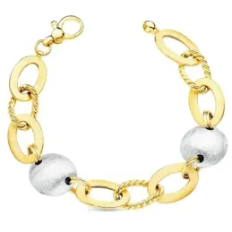 Pulsera oro bicolor 18k articulada 19cm. motivos ovales pulidos redondos matizados cierre mosquetón