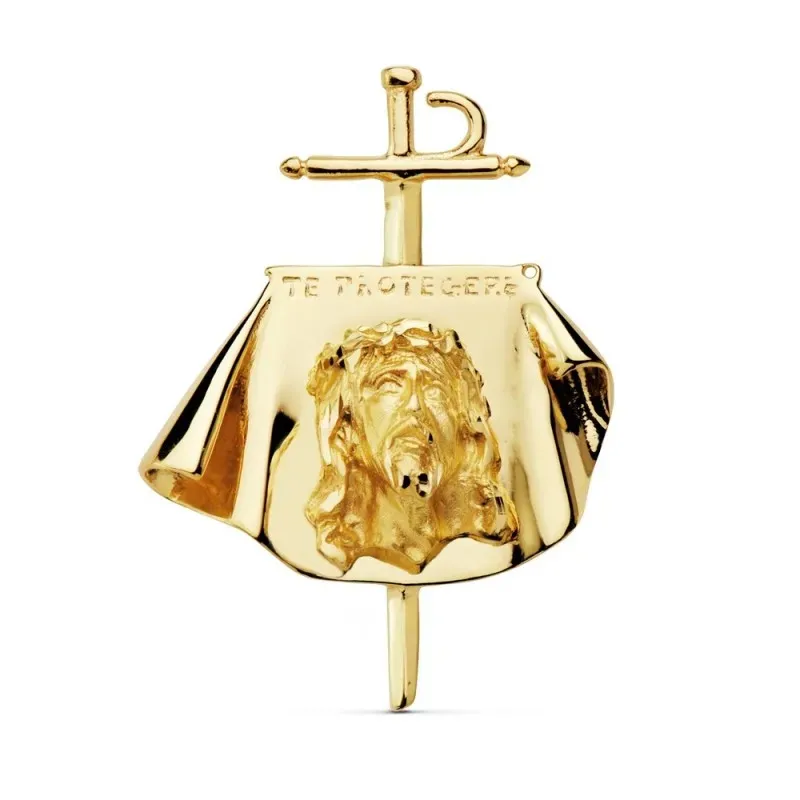 Colgante oro 18k Cristo de los toreros 33mm. TE PROTEGERÉ busto Jesús sobre capote tallado