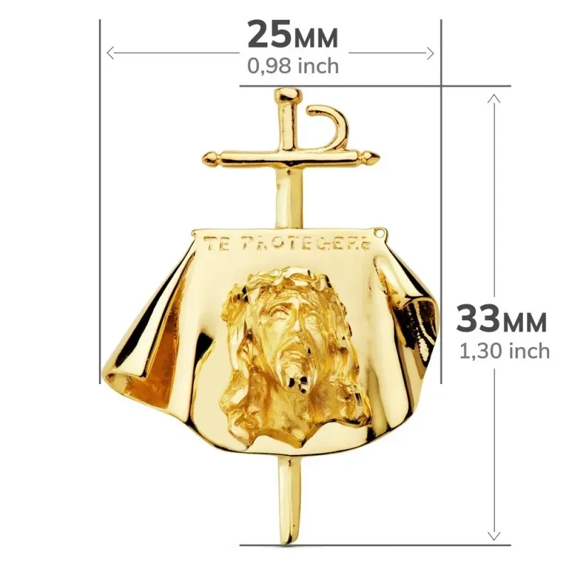 Colgante oro 18k Cristo de los toreros 33mm. TE PROTEGERÉ busto Jesús sobre capote tallado