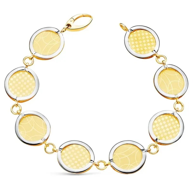 Pulsera oro bicolor 18k 20.5cm. eslabones redondos diseños matizados cierre mosquetón