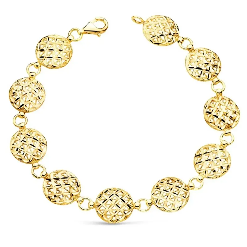 Pulsera oro 18k articulada 20.5cm. eslabones redondos calados tallados cierre mosquetón