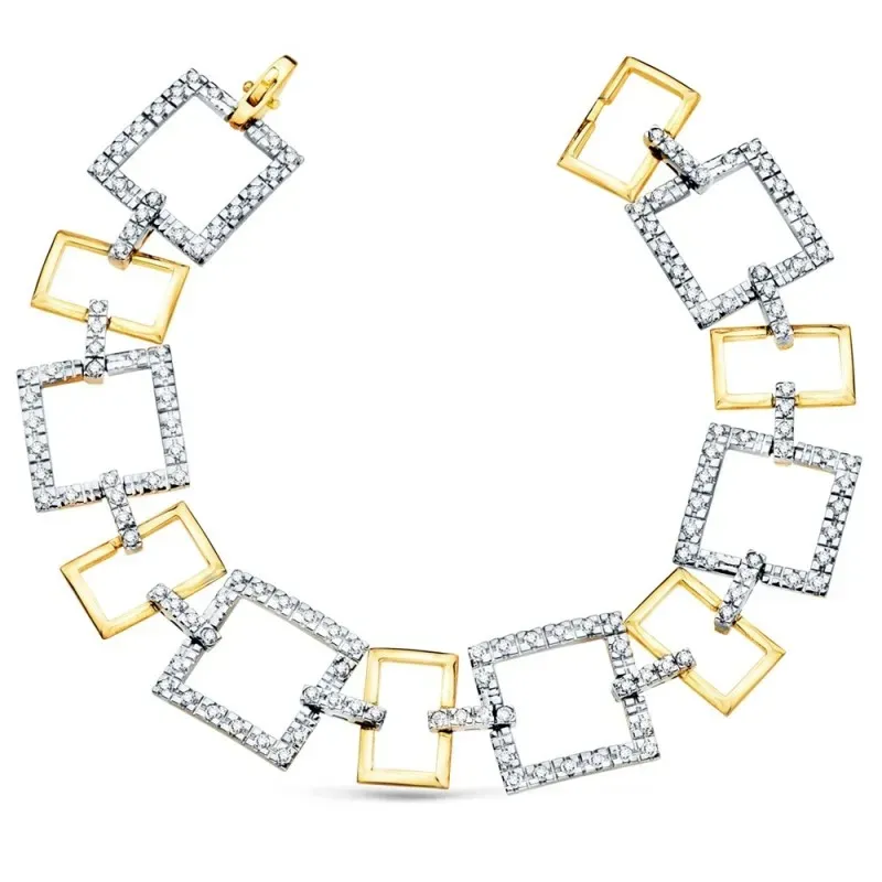 Pulsera oro bicolor 18k 20cm. eslabones cuadrados rectangulares detalle circonitas cierre mosquetón