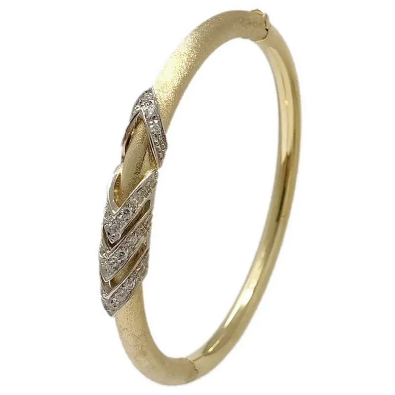Pulsera oro 18k bicolor brazalete oval 60x5mm. mate brillo detalles circonitas mujer