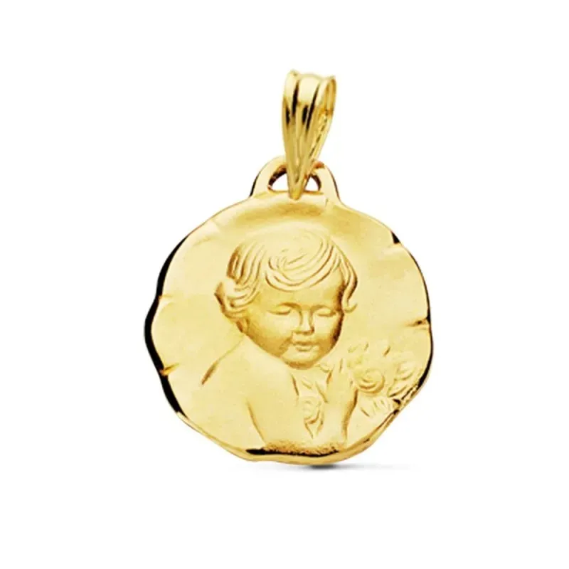 Medalla oro 9k Niño de la Flor 18mm. flores acabado matizado bordes irregulares figura relieve