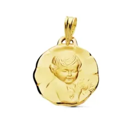 Medalla oro 9k Niño de la Flor 18mm. flores acabado matizado bordes irregulares figura relieve