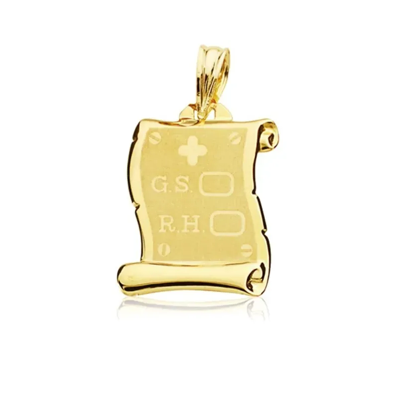 Colgante oro 9k pergamino 19mm. liso G.S. R.H. grupo sanguíneo cruz