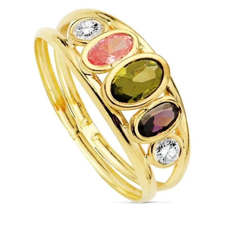 Sortija oro 9k mujer centro piedras colores circonitas blancas dos bandas