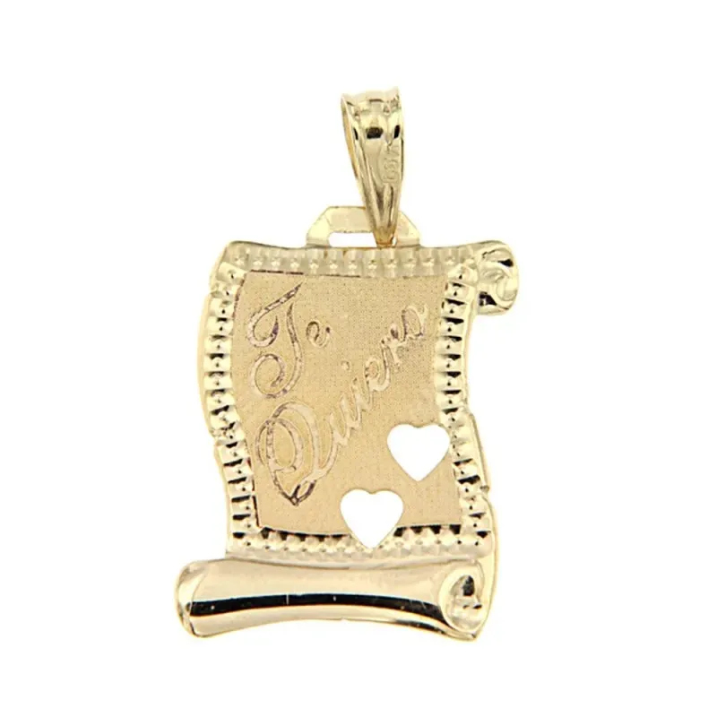 Colgante oro 9k pergamino 19mm. TE QUIERO corazones calados borde tallado