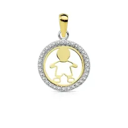 Colgante oro bicolor 9k centro niño calado 13mm. cerco circonitas