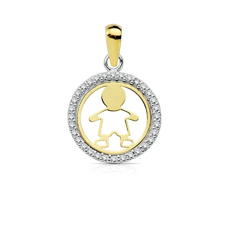 Colgante oro bicolor 9k centro niño calado 13mm. cerco circonitas