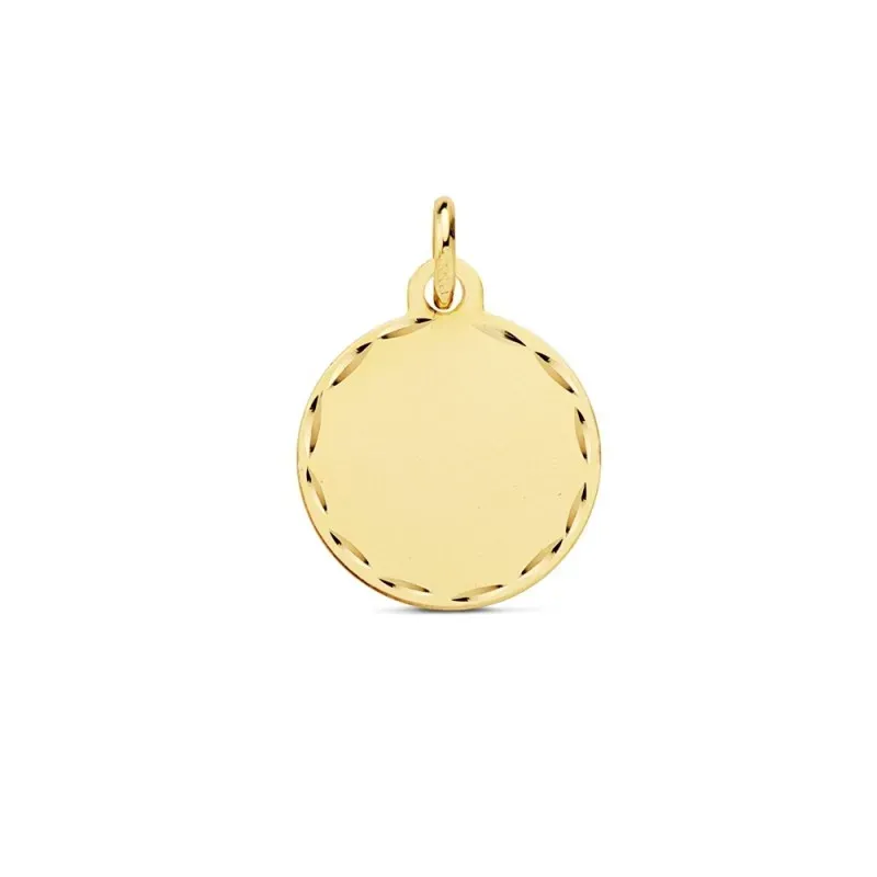 Colgante oro 9k disco 14mm. chapa liso detalle cerco tallado