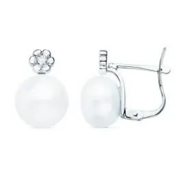 Pendientes oro blanco 18k tu y yo 13mm flor centro diamantes 0.06ct brillantes perlas cierre catalán