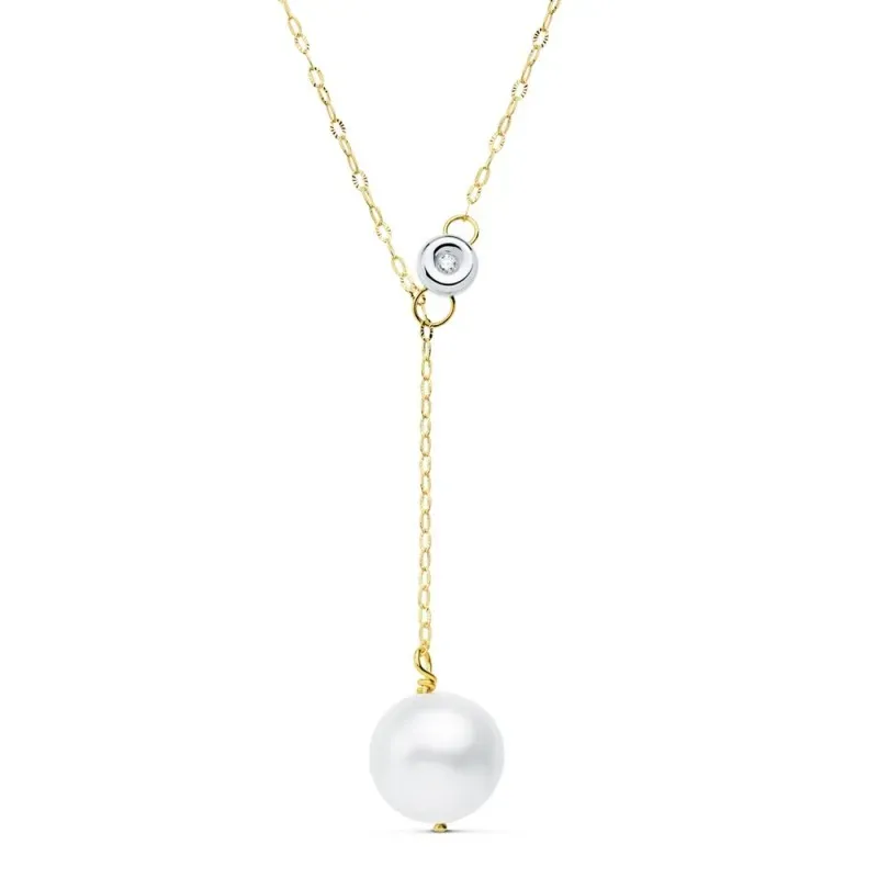Gargantilla oro 18k cadena forzada diamantada 45cm. perla 12mm. chatón diamante 0.020ct. brillante