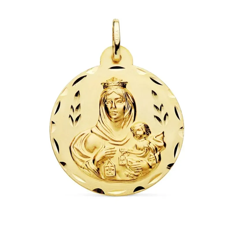Medalla oro 18k Virgen del Carmen 28mm. detalles tallados cerco