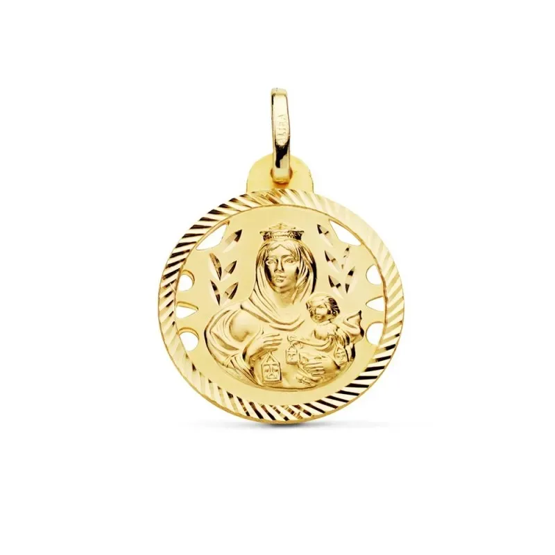 Medalla oro 18k Virgen del Carmen 20mm. detalles calados cerco hélice tallado