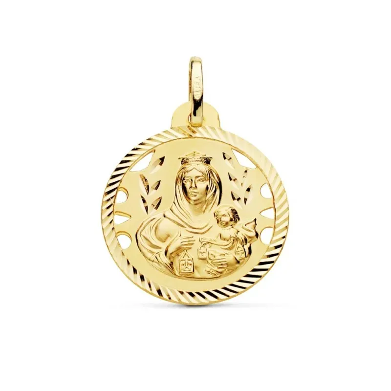 Medalla oro 18k Virgen del Carmen 22mm. detalles calados cerco hélice tallado