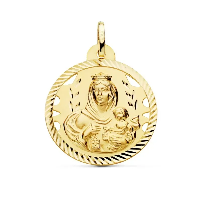 Medalla oro 18k Virgen del Carmen 26mm. detalles calados cerco hélice tallado