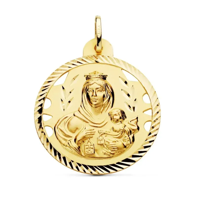 Medalla oro 18k Virgen del Carmen 30mm. detalles calados cerco hélice tallado