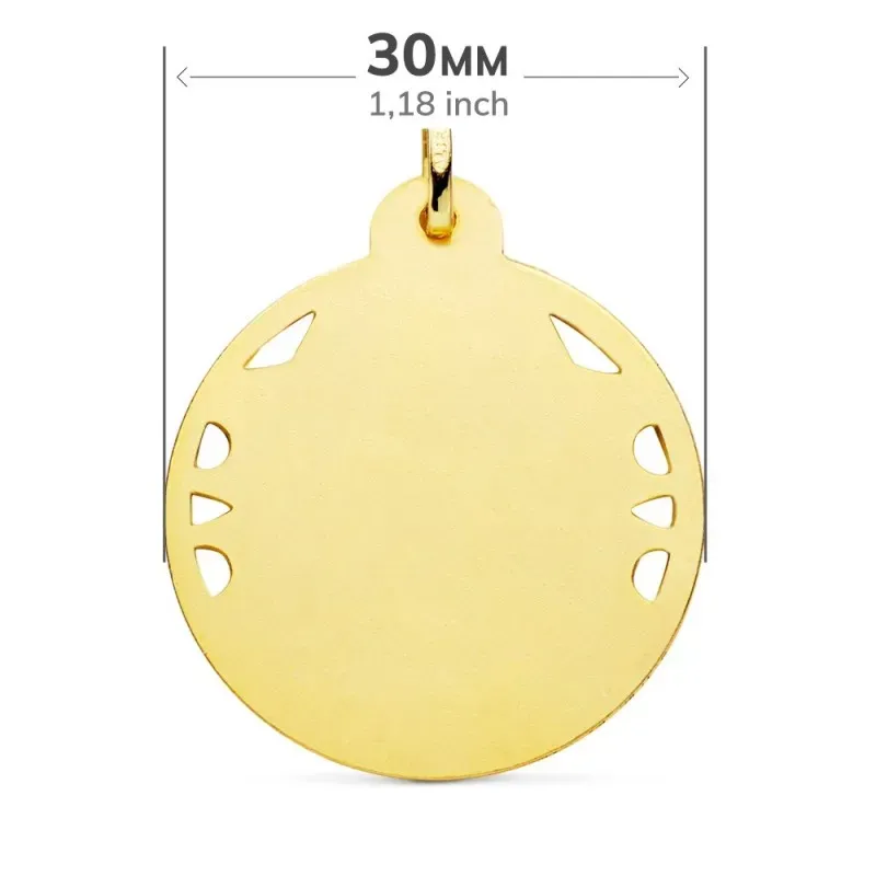 Medalla oro 18k Virgen del Carmen 30mm. detalles calados cerco hélice tallado