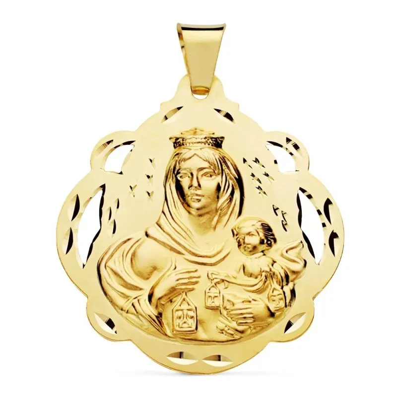 Medalla oro 18k Virgen del Carmen 42mm. forma pandereta calada detalles tallados