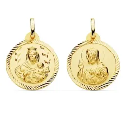 Medalla oro 18k escapulario 20mm. Corazón de Jesús Virgen del Carmen cerco tallado foma hélice