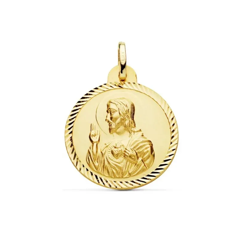 Medalla oro 18k escapulario 24mm. Corazón de Jesús Virgen del Carmen cerco tallado foma hélice
