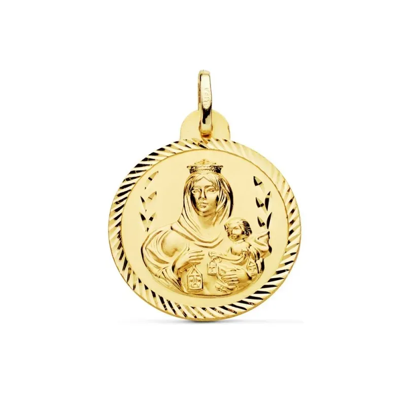 Medalla oro 18k escapulario 24mm. Corazón de Jesús Virgen del Carmen cerco tallado foma hélice