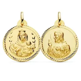 Medalla oro 18k escapulario 24mm. Corazón de Jesús Virgen del Carmen cerco tallado foma hélice