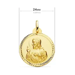 Medalla oro 18k escapulario 24mm. Corazón de Jesús Virgen del Carmen cerco tallado foma hélice
