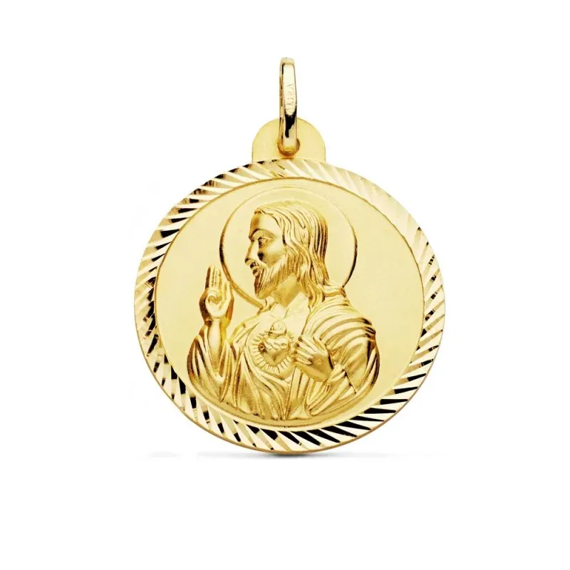 Medalla oro 18k escapulario 28mm. Corazón de Jesús Virgen del Carmen cerco tallado foma hélice