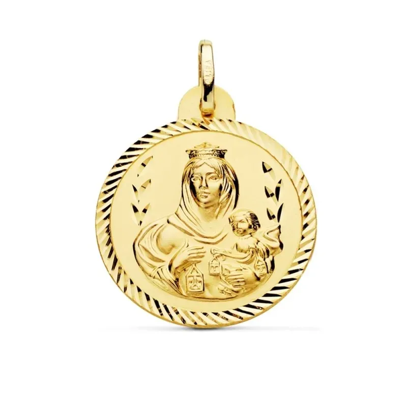 Medalla oro 18k escapulario 28mm. Corazón de Jesús Virgen del Carmen cerco tallado foma hélice