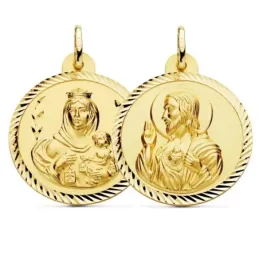 Medalla oro 18k escapulario 28mm. Corazón de Jesús Virgen del Carmen cerco tallado foma hélice