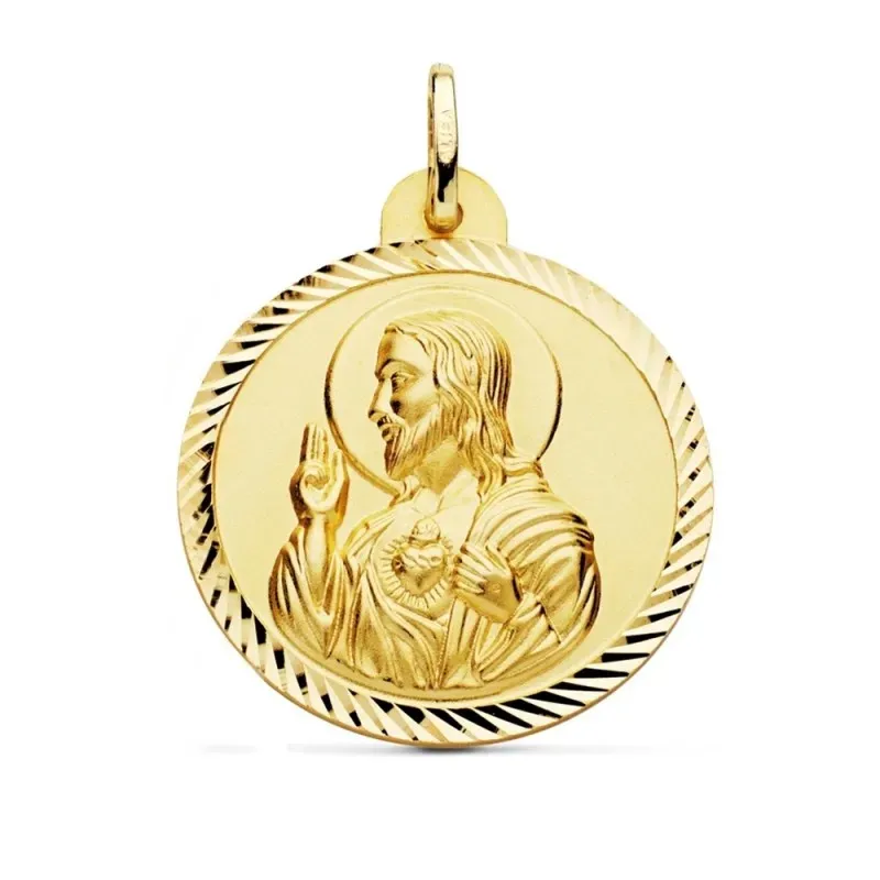 Medalla oro 18k escapulario 30mm. Corazón de Jesús Virgen del Carmen cerco tallado foma hélice