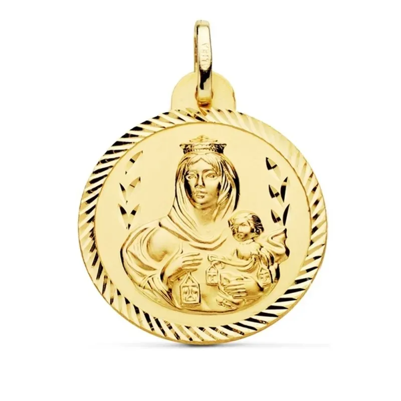 Medalla oro 18k escapulario 30mm. Corazón de Jesús Virgen del Carmen cerco tallado foma hélice