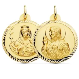 Medalla oro 18k escapulario 30mm. Corazón de Jesús Virgen del Carmen cerco tallado foma hélice