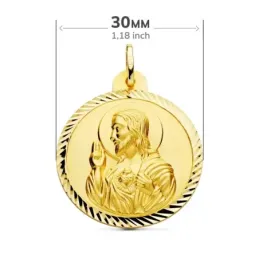 Medalla oro 18k escapulario 30mm. Corazón de Jesús Virgen del Carmen cerco tallado foma hélice