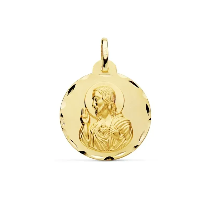 Medalla oro 18k escapulario 22mm. Corazón de Jesús Virgen del Carmen borde detalles tallados