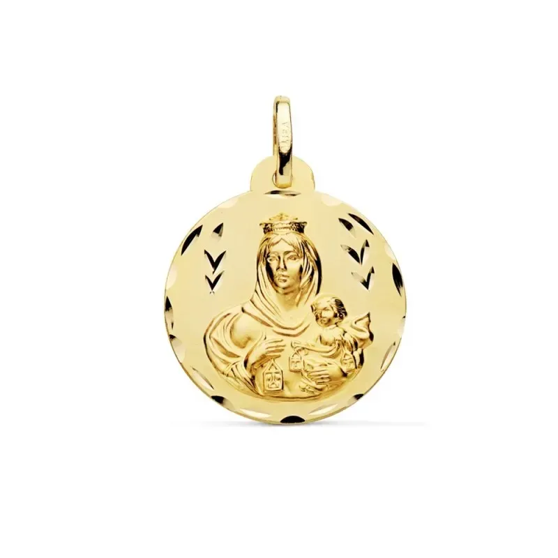 Medalla oro 18k escapulario 22mm. Corazón de Jesús Virgen del Carmen borde detalles tallados