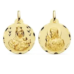 Medalla oro 18k escapulario 22mm. Corazón de Jesús Virgen del Carmen borde detalles tallados