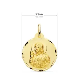 Medalla oro 18k escapulario 22mm. Corazón de Jesús Virgen del Carmen borde detalles tallados