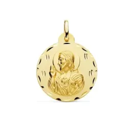 Medalla oro 18k escapulario 24mm. Corazón de Jesús Virgen del Carmen borde detalles tallados