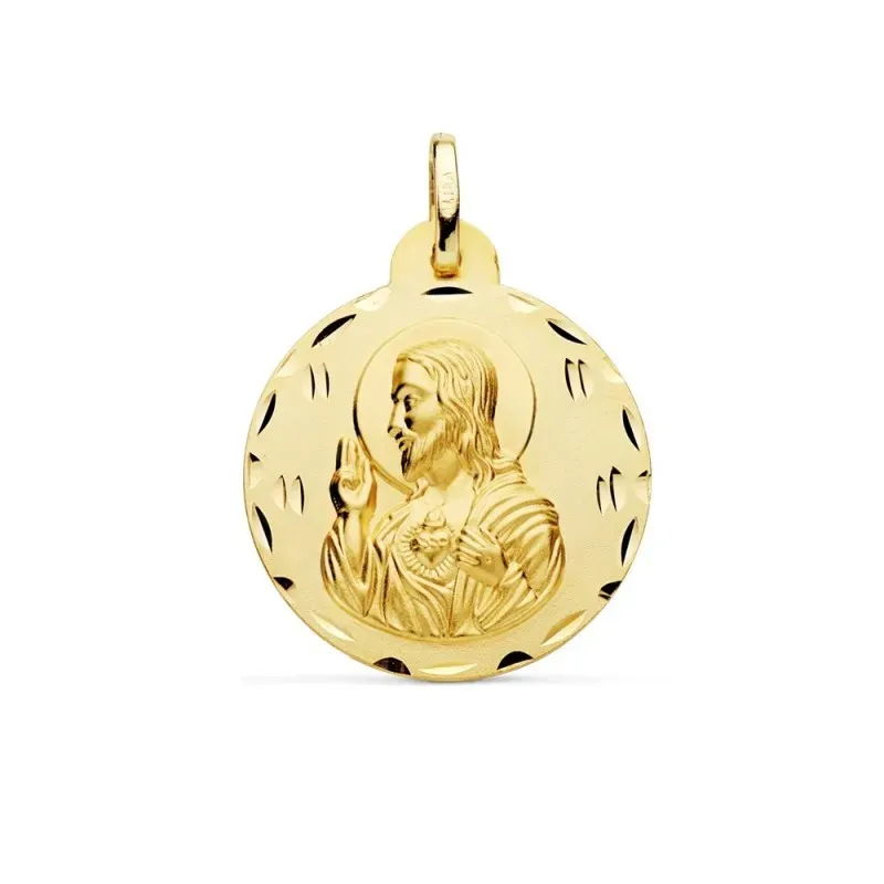 Medalla oro 18k escapulario 24mm. Corazón de Jesús Virgen del Carmen borde detalles tallados