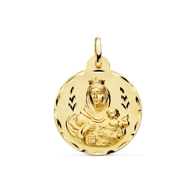 Medalla oro 18k escapulario 24mm. Corazón de Jesús Virgen del Carmen borde detalles tallados