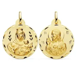 Medalla oro 18k escapulario 24mm. Corazón de Jesús Virgen del Carmen borde detalles tallados
