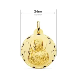 Medalla oro 18k escapulario 24mm. Corazón de Jesús Virgen del Carmen borde detalles tallados