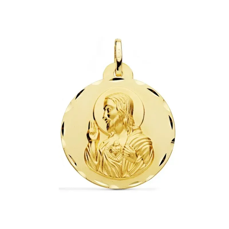 Medalla oro 18k escapulario 26mm. Corazón de Jesús Virgen del Carmen borde detalles tallados