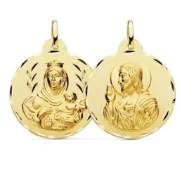 Medalla oro 18k escapulario 26mm. Corazón de Jesús Virgen del Carmen borde detalles tallados
