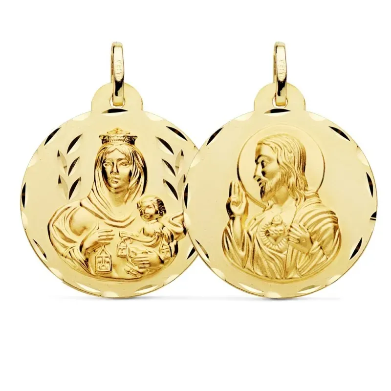Medalla oro 18k escapulario 26mm. Corazón de Jesús Virgen del Carmen borde detalles tallados