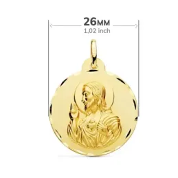Medalla oro 18k escapulario 26mm. Corazón de Jesús Virgen del Carmen borde detalles tallados