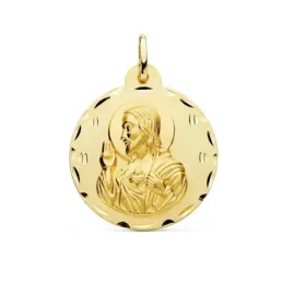 Medalla oro 18k escapulario 28mm. Corazón de Jesús Virgen del Carmen borde detalles tallados